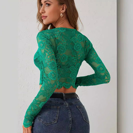 Damen Elegantes Spitzenoberteil mit langem Arm und ausgefallener Schnittführung Heidi-Mode