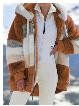 Damen Modische und warme Fleecejacke mit Kapuze und blockartigem Design Heidi-Mode