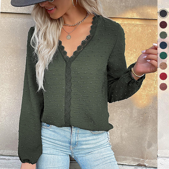 Damen Bluse mit feinen Strukturdetails und romantischem Spitzeneinsatz Heidi-Mode