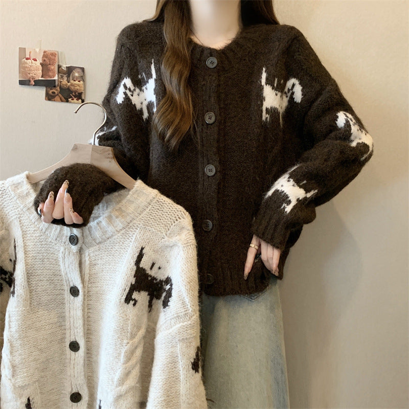 Damen Gemusterter Strickcardigan mit tierischem Motiv und bequemen Oversized-Schnitten Heidi-Mode