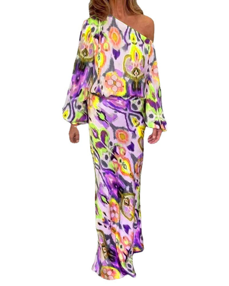 Damen Elegantes Maxikleid im grafischen Batikdesign mit Off-Shoulder-Ausschnitt und voluminösen Ärmeln Heidi-Mode