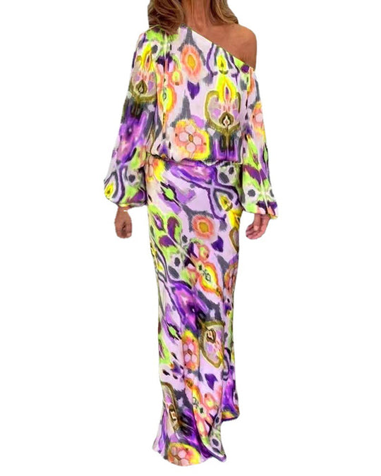 Damen Elegantes Maxikleid im grafischen Batikdesign mit Off-Shoulder-Ausschnitt und voluminösen Ärmeln Heidi-Mode