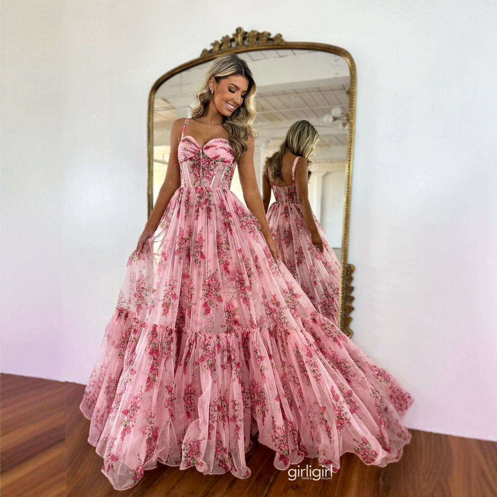 Damen Maxikleid mit floralem Tüll und voluminösem Rock Heidi-Mode