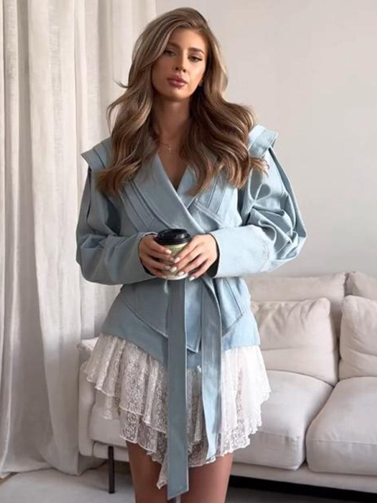 Damen blazer mit voluminösen Ärmeln und elegantem Bindegürtel Heidi-Mode