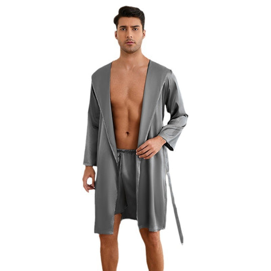 Herren Satin Bademantel mit praktischem Kapuzen-Design Heidi-Mode