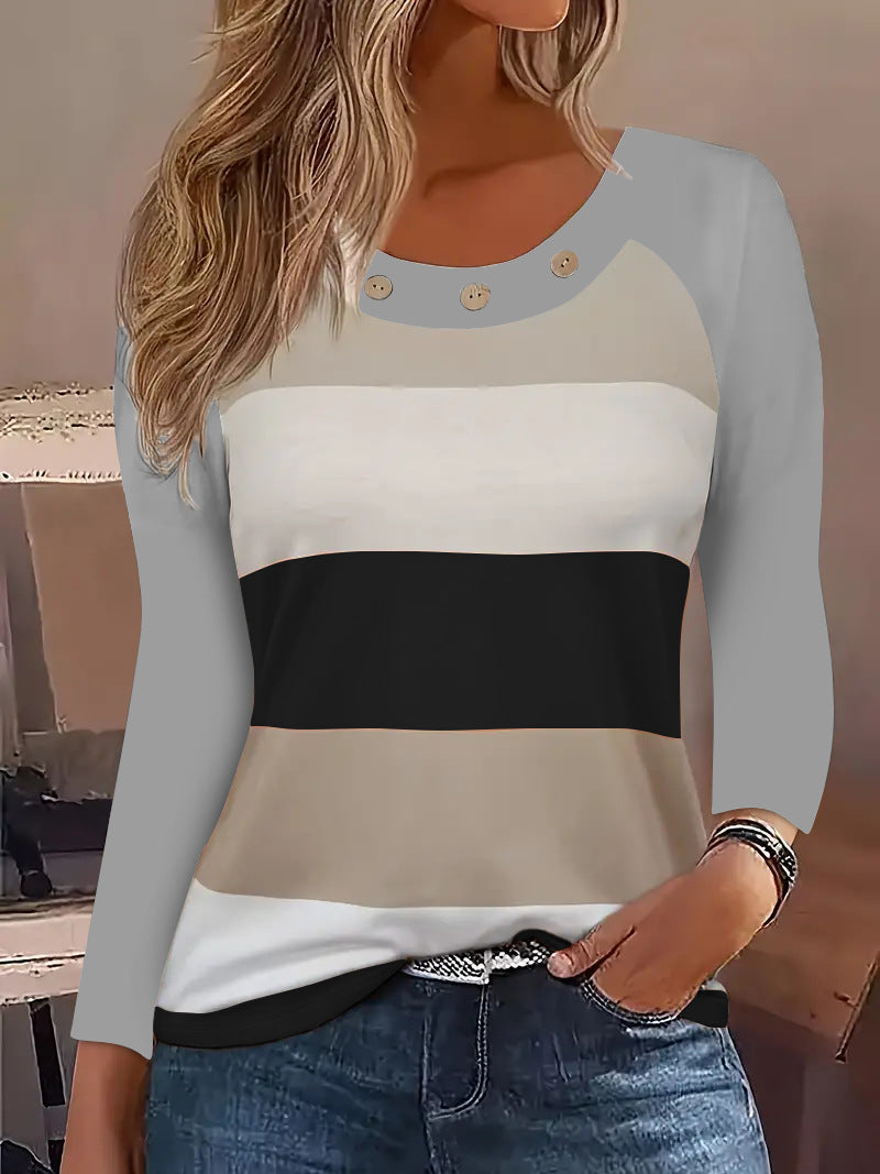 Damen Langarm T-Shirt mit modischem Streifenmuster und dekorativen Knöpfen Heidi-Mode