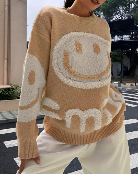 Damen Strickpullover mit fröhlichem Emoji-Motiv und komfortablem Schnitt Heidi-Mode