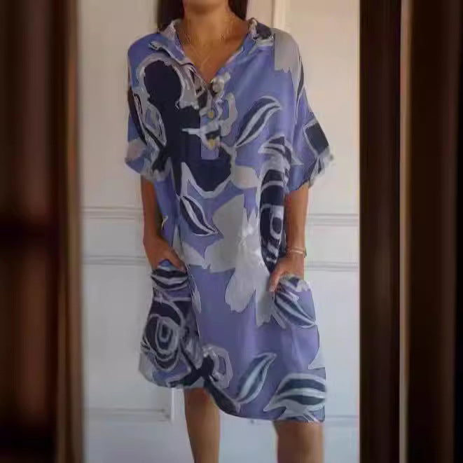 Damen luftiges Strandkleid mit modischem Muster und seitlichen Taschen Heidi-Mode
