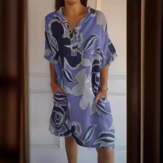 Damen luftiges Strandkleid mit modischem Muster und seitlichen Taschen Heidi-Mode