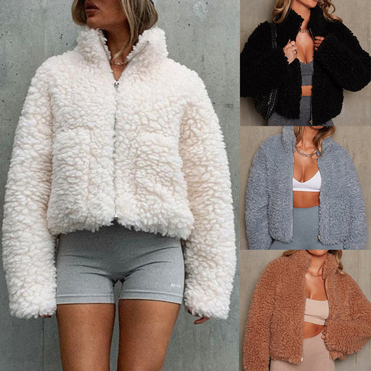 Damen Kuschelige Teddyjacke mit hohem Kragen und praktischen Taschen Heidi-Mode
