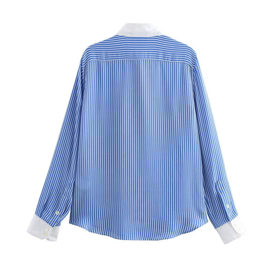 Heidi-Mode | Modische Blau Weiß Gestreifte Revers Vielseitige Bluse