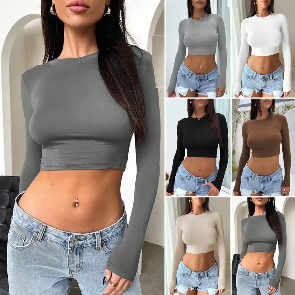 Damen langärmliges Crop-Top aus elastischem Material mit figurbetonter Passform Heidi-Mode