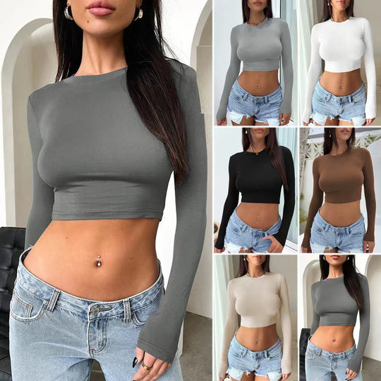 Damen langärmliges Crop-Top aus elastischem Material mit figurbetonter Passform Heidi-Mode