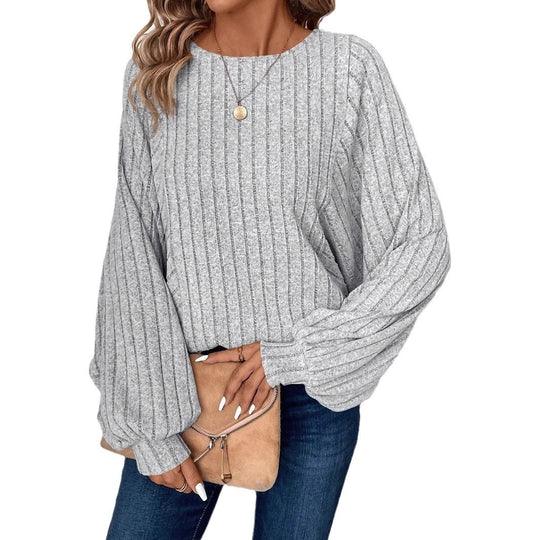 Damen Pullover mit eleganten Ballonärmel und Rippenstruktur Heidi-Mode