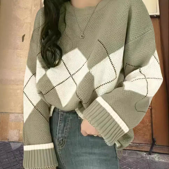 Damen Grobstrickpullover mit modernen Rautenmustern und weitem Schnitt Heidi-Mode