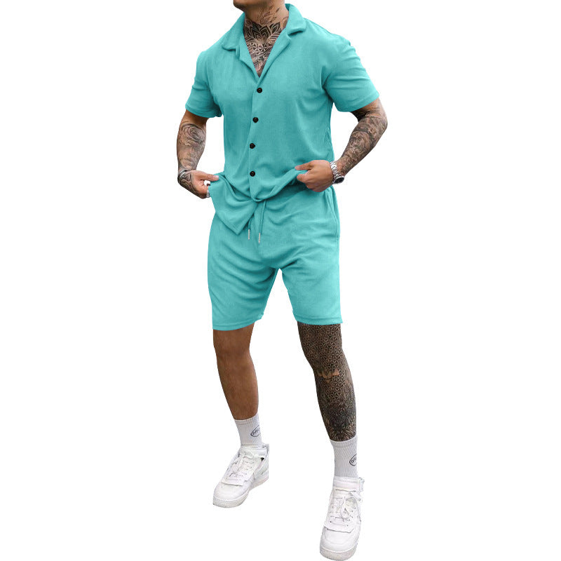 Herren Freizeit-Kurzarm-Set mit Knopfleiste und verstellbarem Kordelzug Heidi-Mode