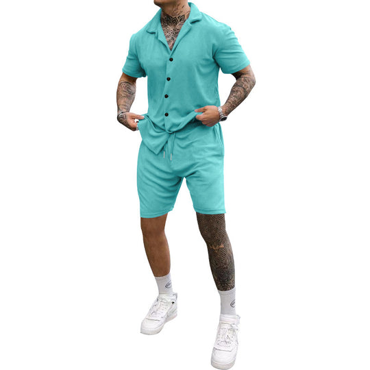 Herren Freizeit-Kurzarm-Set mit Knopfleiste und verstellbarem Kordelzug Heidi-Mode