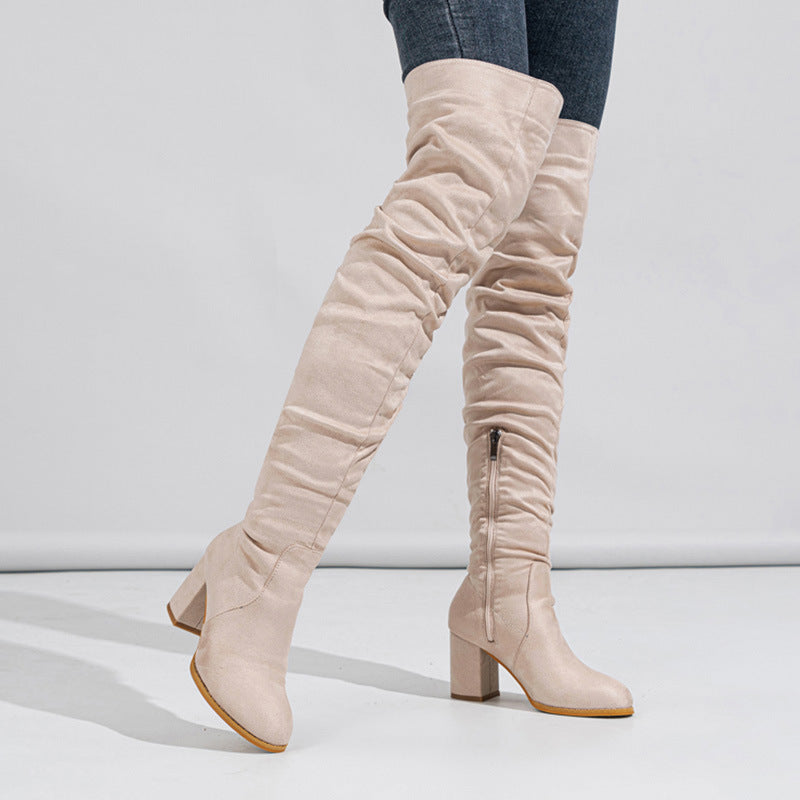Damen Overknee Stiefel mit eleganter Raffung und plushigem Obermaterial Heidi-Mode