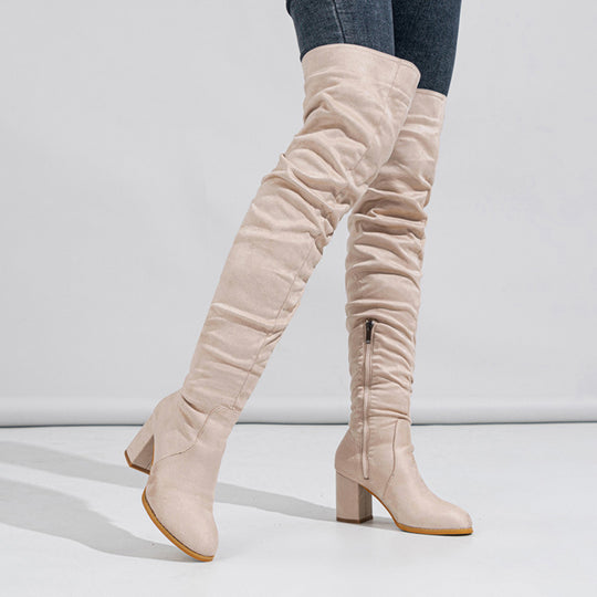 Damen Overknee Stiefel mit eleganter Raffung und plushigem Obermaterial Heidi-Mode