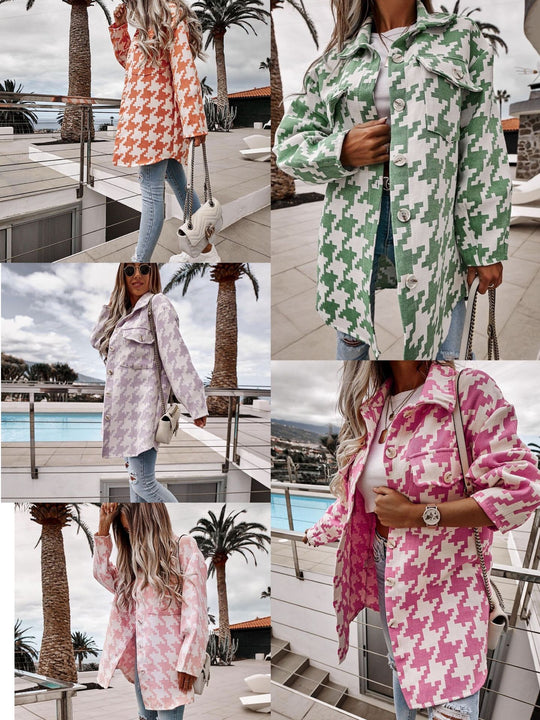 Damen modischer Oversized Hemdenjacke im Hahnentritt-Muster Heidi-Mode