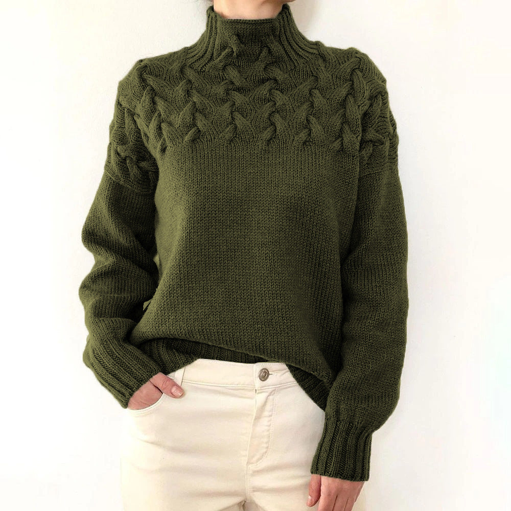 Damen Strickpullover mit hochgeschlossenem Kragen und trendigem Zopfmuster Heidi-Mode
