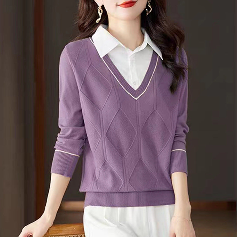 Damen gestrickter Pullover mit v-ausschnitt und strukturiertem Diamantmuster Heidi-Mode