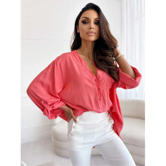 Femme Leichte Button-Up Bluse mit hochkrempelbaren Ärmeln Heidi-Mode