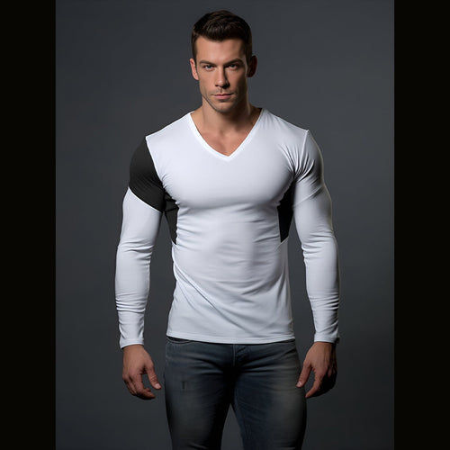 Herren Langarmshirt mit modernem V-Ausschnitt und farblich abgesetzten Ärmeln Heidi-Mode