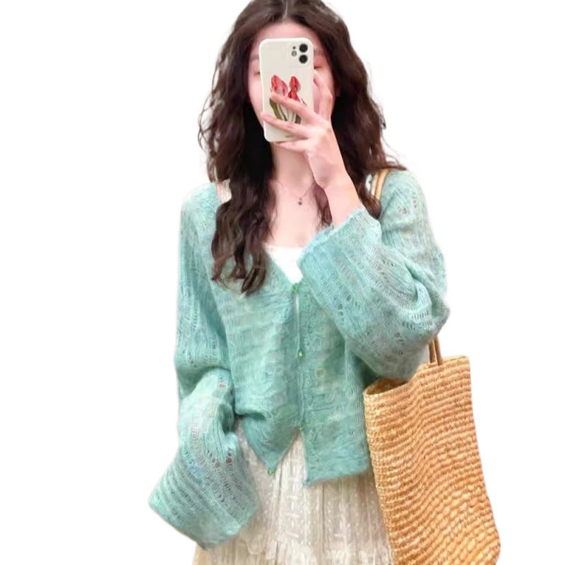 Damen luftiger Strickcardigan mit feiner Lochmusterstruktur und weitem Schnitt Heidi-Mode