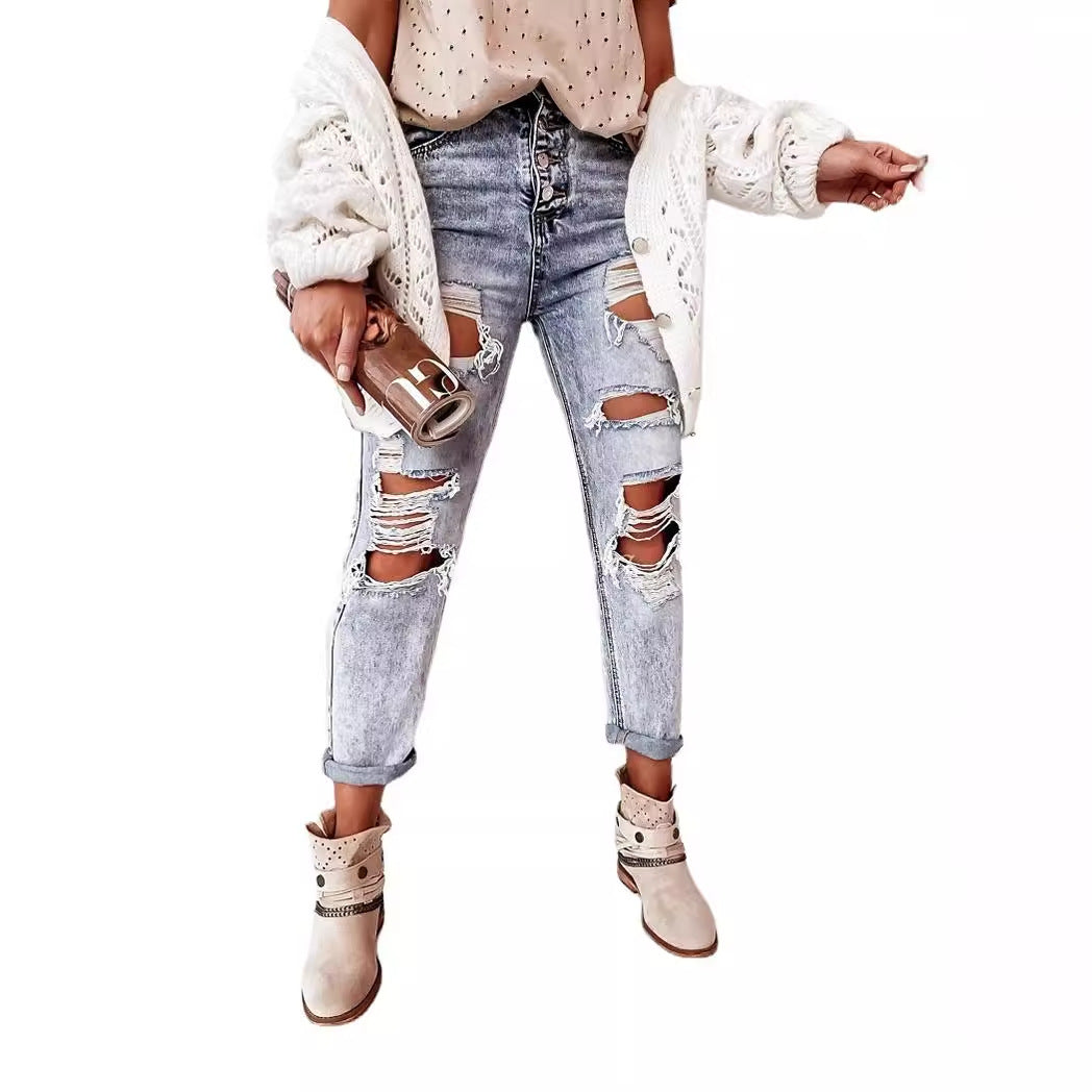 Damen Boyfriend-Jeans mit Destroyed-Details und hohem Komfortbund Heidi-Mode