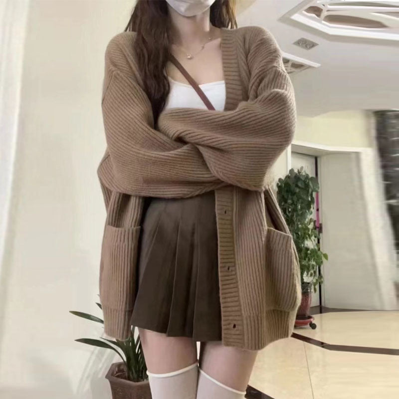 Damen Grobstrick Cardigan mit Taschen und tiefem V-Ausschnitt Heidi-Mode