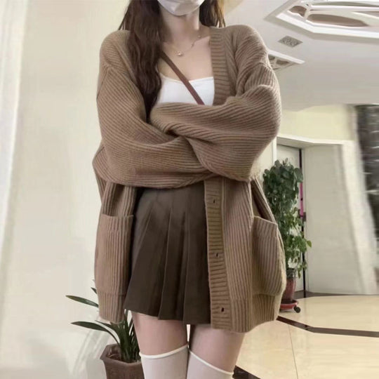 Damen Grobstrick Cardigan mit Taschen und tiefem V-Ausschnitt Heidi-Mode