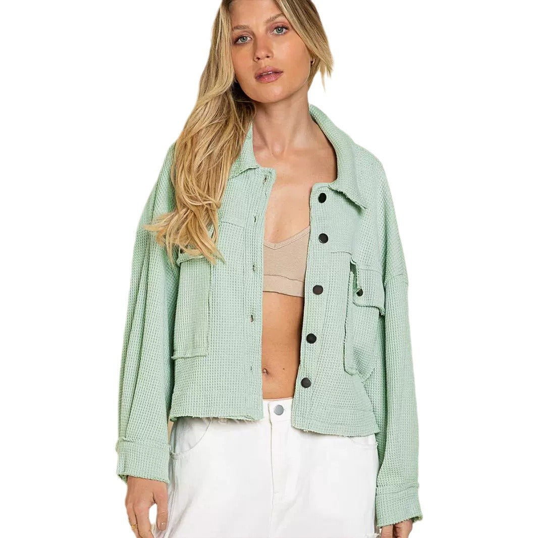 Damen lässige Waffelstrukturjacke mit praktischen Taschen und knopfbasiertem Verschluss Heidi-Mode