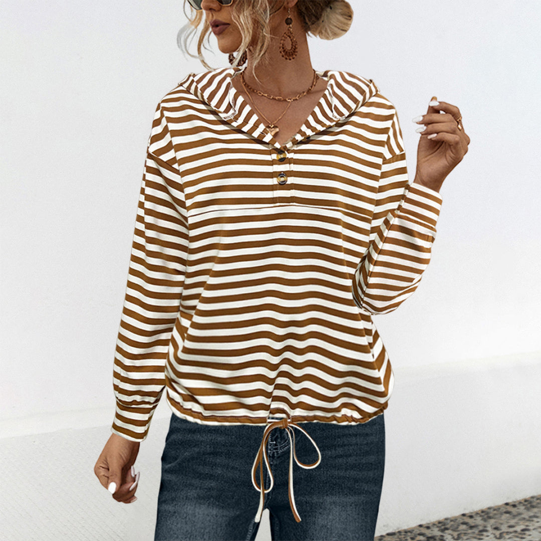 Damen lässiger Kapuzenpullover mit Streifenmuster und verstellbarem Tunnelzug Heidi-Mode