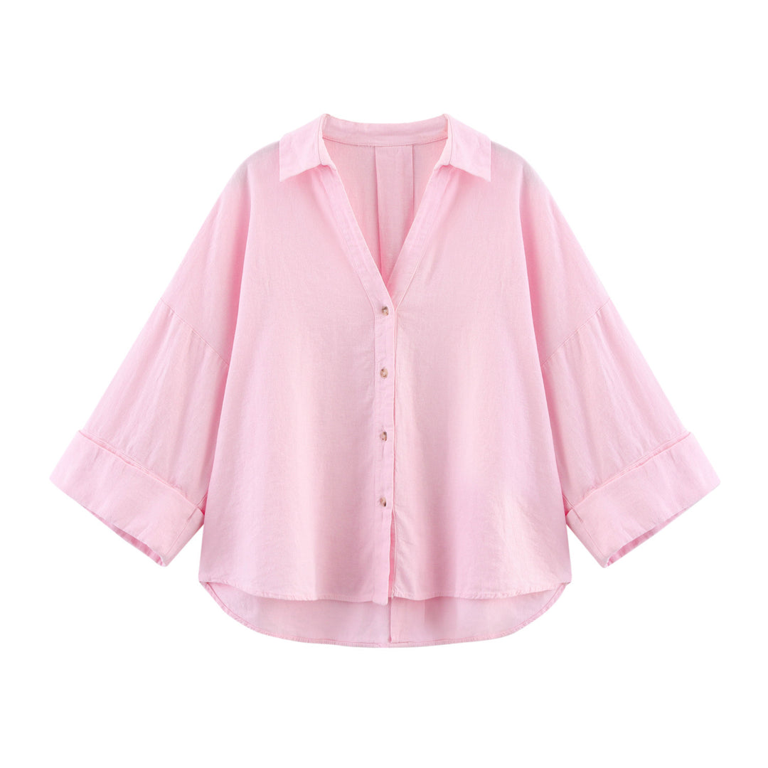 Damen lässige Bluse mit voluminösen Ärmeln und durchgehender Knopfleiste Heidi-Mode