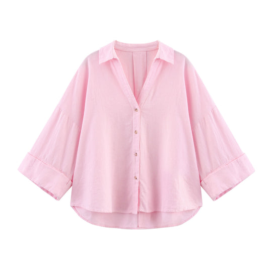 Damen lässige Bluse mit voluminösen Ärmeln und durchgehender Knopfleiste Heidi-Mode