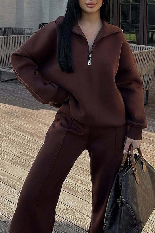 Heidi-Mode | Vibes Halb Offenes Pullover Sweatshirt und Hose Zwei Teiliges Satz