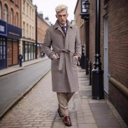 Herren eleganter Trenchcoat mit Schalkragen und Gürtel Heidi-Mode
