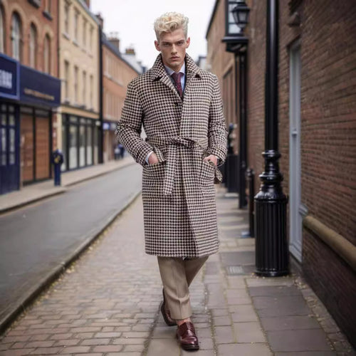 Herren eleganter Trenchcoat mit Schalkragen und Gürtel Heidi-Mode