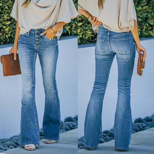 Damen High-Waist Flared Jeans mit dekorativen Knöpfen Heidi-Mode