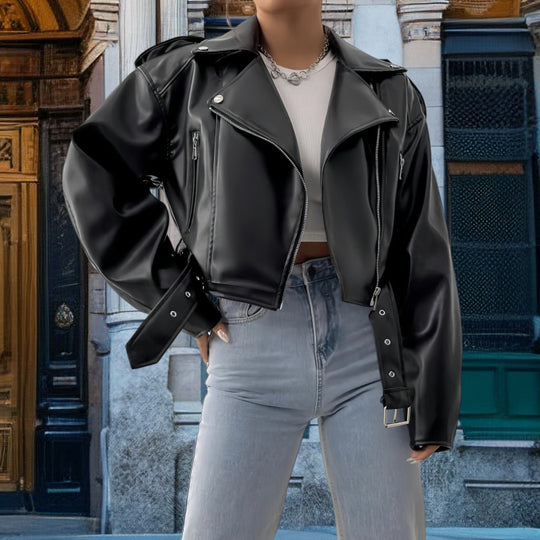 Damen Kunstleder Bikerjacke mit weitem Schnitt und umfangreichen Details Heidi-Mode