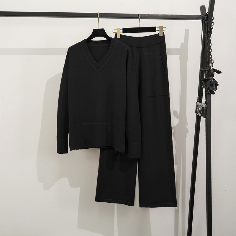 Damen lässiges Strick-Loungewear-Set mit tiefem V-Ausschnitt und praktischen Taschen Heidi-Mode