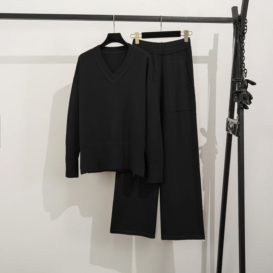 Damen lässiges Strick-Loungewear-Set mit tiefem V-Ausschnitt und praktischen Taschen Heidi-Mode
