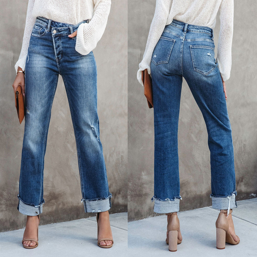 Damen lässige Flared Jeans mit modischen Fransen und hohem Bund Heidi-Mode