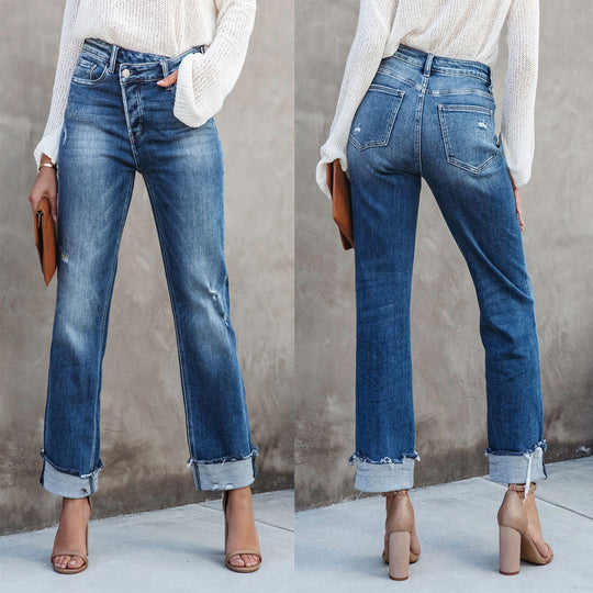 Damen lässige Flared Jeans mit modischen Fransen und hohem Bund Heidi-Mode