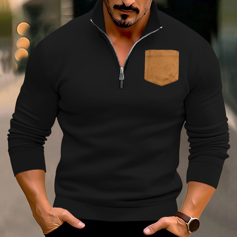 Herren sportlicher Pullover mit halbem Reißverschluss und kontrastierender Brusttasche Heidi-Mode