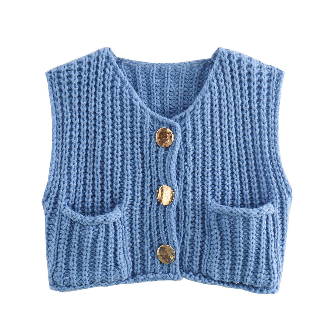 Damen modische Strickweste mit dekorativen Knopfdetails und praktischen Taschen Heidi-Mode