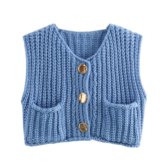 Damen modische Strickweste mit dekorativen Knopfdetails und praktischen Taschen Heidi-Mode