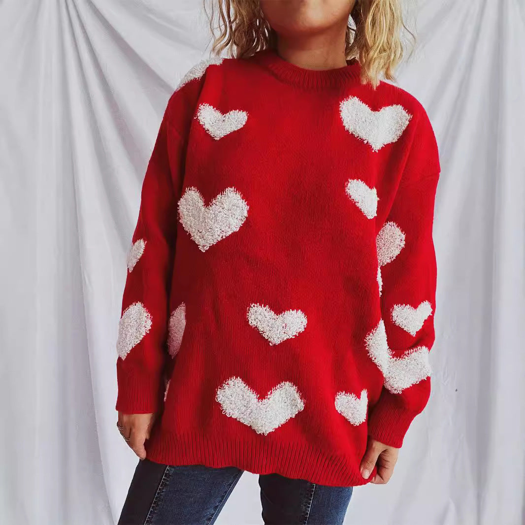 Damen Pullover mit Herzmuster und flauschigen Applikationen Heidi-Mode