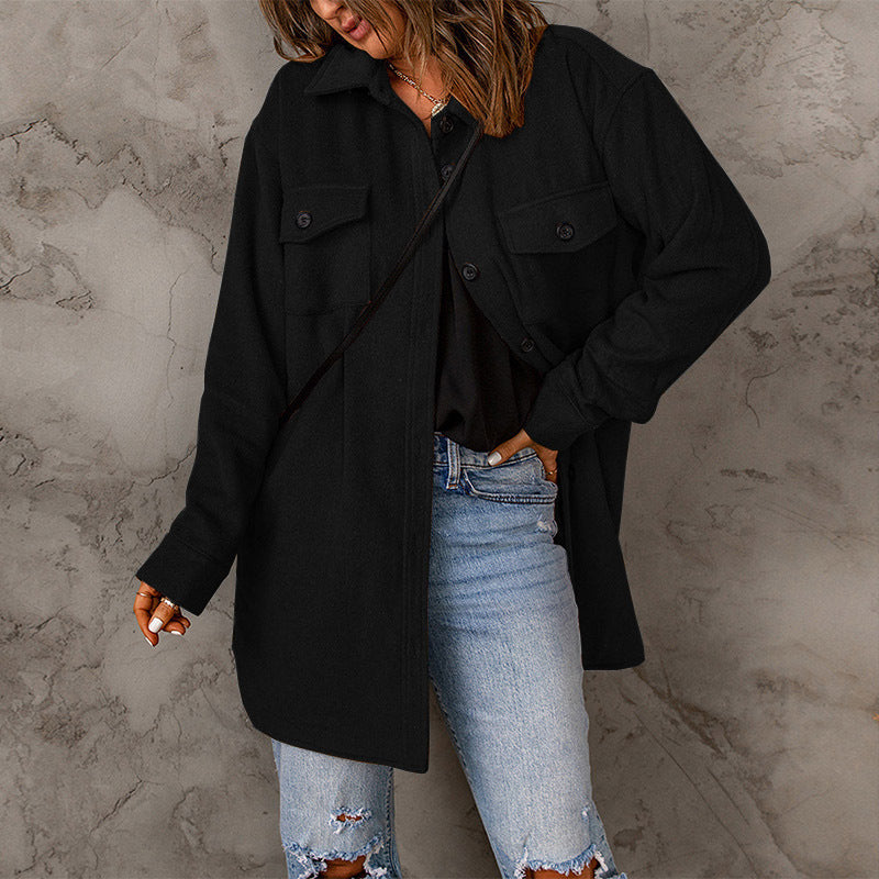 Damen vielseitige Oversize-Hemdjacke mit aufgesetzten Taschen und Knopfverschluss Heidi-Mode